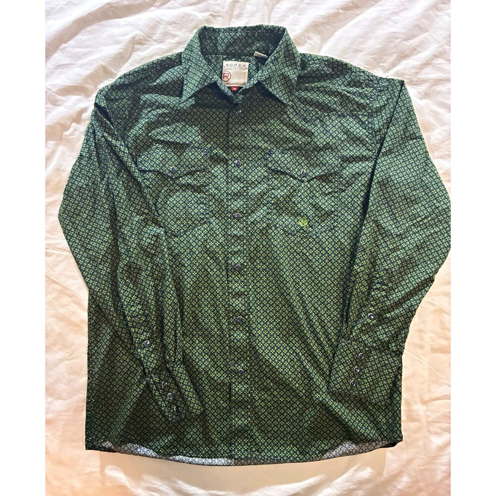 Roper Men's M Green Blue Geometric Cotton Long Sleeve Point Collar Button-Up